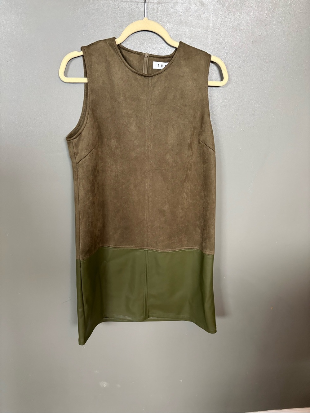 THML Olive Green Suede-Look Crewneck Dress Anthropologie leather and suede